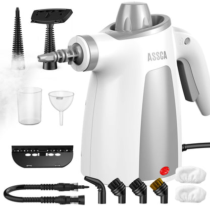 ASSCA Handheld Steam Cleaner, 1050W Portable Steam Cleaner Handheld with 350ml Tank & 12-Piece Accessories, 100% Chemical-Free Multi-Surface Cleaning for Floor, Sofa, Carpet, Tile, Windows, Upholstery