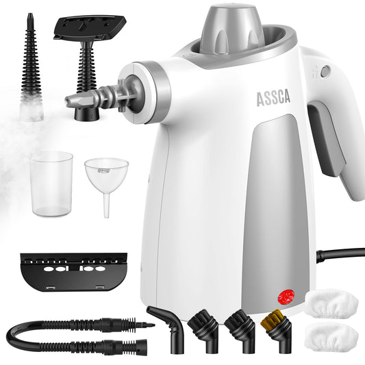 ASSCA Handheld Steam Cleaner, 1050W Portable Steam Cleaner Handheld with 350ml Tank & 12-Piece Accessories, 100% Chemical-Free Multi-Surface Cleaning for Floor, Sofa, Carpet, Tile, Windows, Upholstery