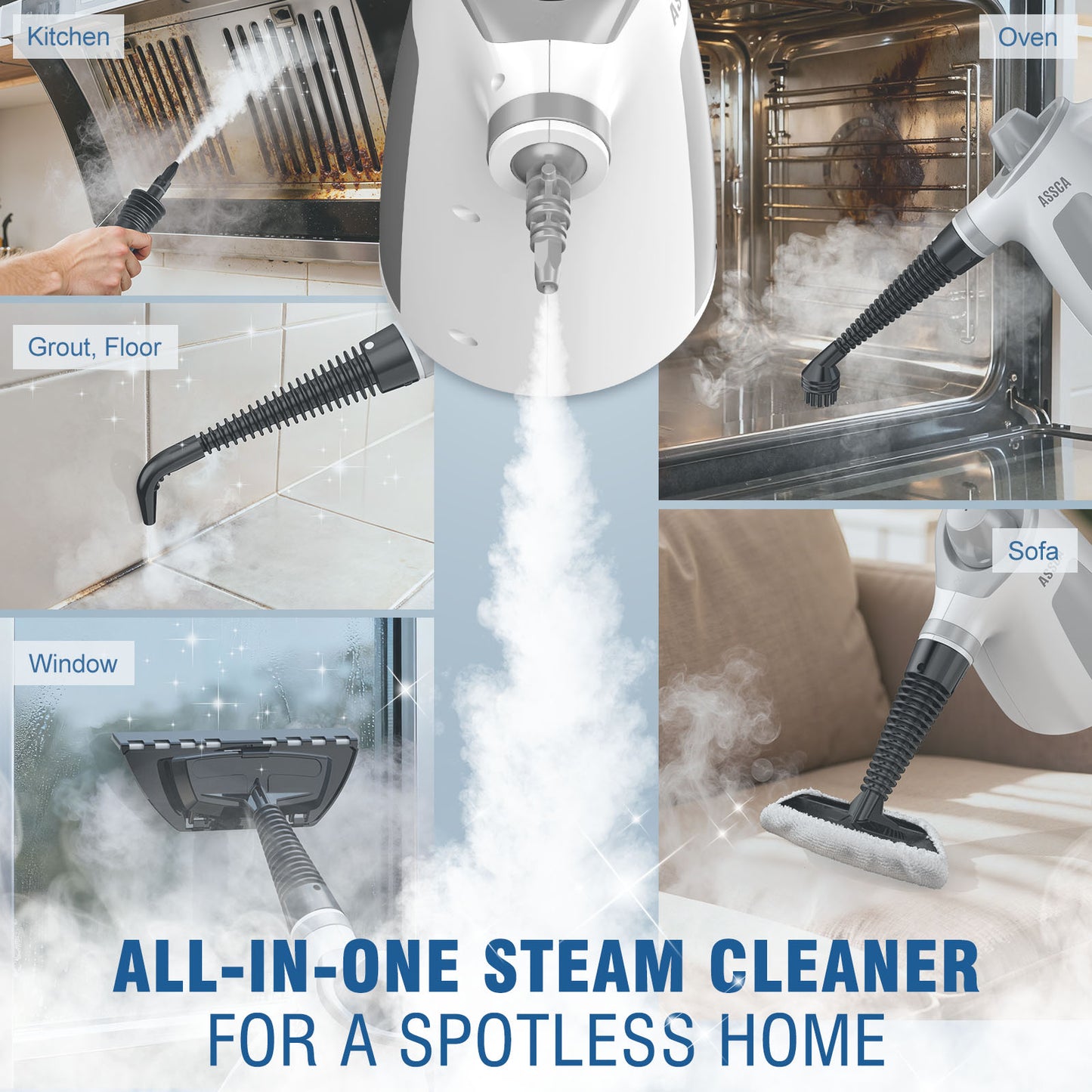 ASSCA Handheld Steam Cleaner, 1050W Portable Steam Cleaner Handheld with 350ml Tank & 12-Piece Accessories, 100% Chemical-Free Multi-Surface Cleaning for Floor, Sofa, Carpet, Tile, Windows, Upholstery