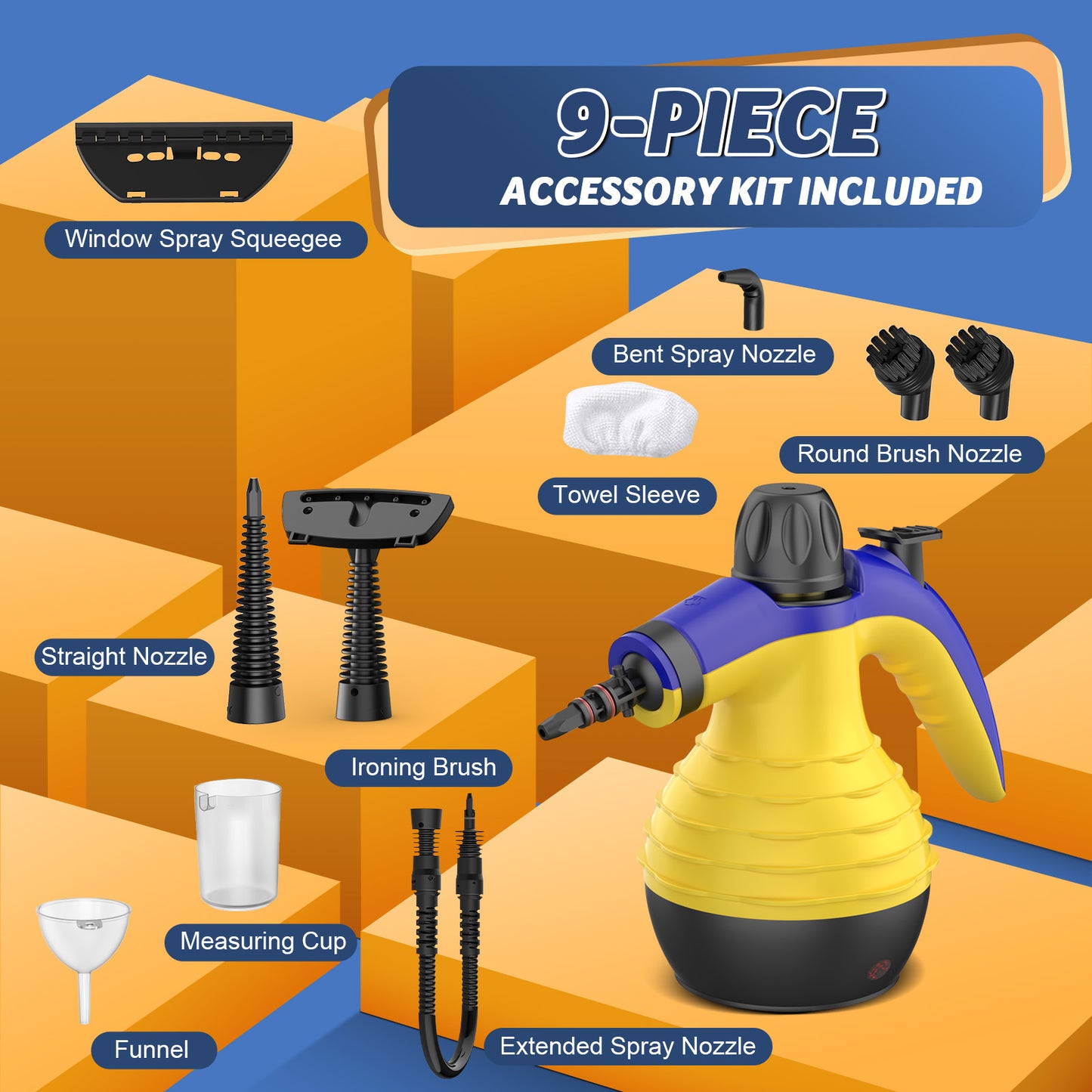 ASSCA Handdampfreiniger, tragbare Dampfreiniger, Dampfreiniger Handheld, kommt mit 9-teiligem Zubehör für die Fleckenentfernung auf mehreren Oberflächen, perfekt für die Fleckenentfernung, Auto, Sofa, Badezimmer, Fenster 